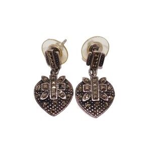 925 Sterling Silver & Marcasite Heart Dangle Earrings